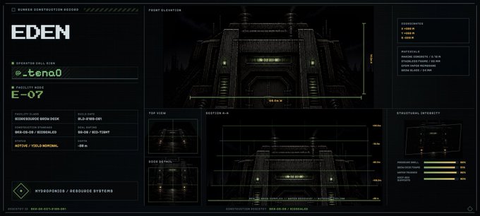 A dark sci-fi digital interface displaying schematics of a structure called 'EDEN' with labels like 'RUBBER CONSTRUCTION REGION,' 'FRONT ELEVATION,' and various technical specifications.