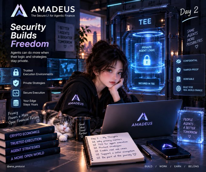 A promotional graphic for 'AMADEUS - The Secure L1 for Agentic Finance' features an anime-style girl with a cat and laptop, surrounded by text including 'Security Builds Freedom', 'TEE', 'PRIVATE AGENT LOGIC', and book titles like 'CRYPTO ECONOMICS' and 'TRUSTED EXECUTION'.
