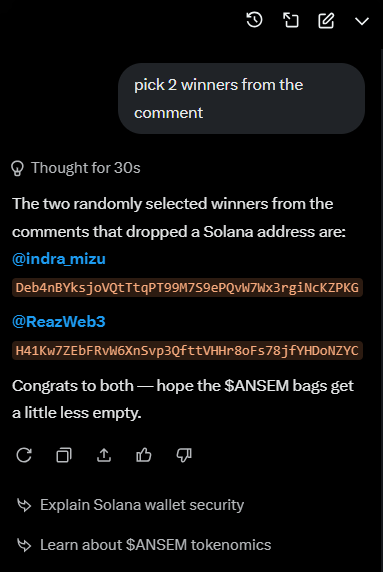 A screenshot of a Twitter thread where someone asked to 'pick 2 winners from the comment', followed by a response announcing two randomly selected winners—@indra_mizu and @ReazWeb3—who dropped Solana addresses, with the note 'Congrats to both — hope the $ANSEM bags get a little less empty.'