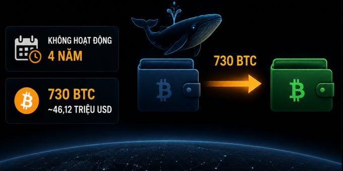 A graphic shows a whale illustration above a Bitcoin wallet, indicating that 730 BTC (~$46.12 million USD) has been inactive for 4 years, with an arrow pointing to another wallet.