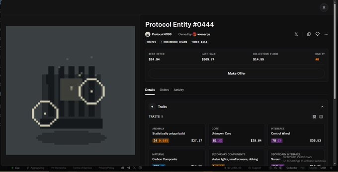 A webpage showing details for 'Protocol Entity #0444', owned by 'wimerrpie', with a 0.59 ETH best offer and various traits listed including 'Statistically unique build' and 'Unknown Core'.