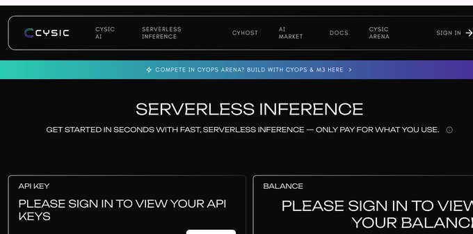 A screenshot of the Cysic website displaying their Serverless Inference service with navigation menu including CYSIC AI, CYHOST, and AI MARKET.
