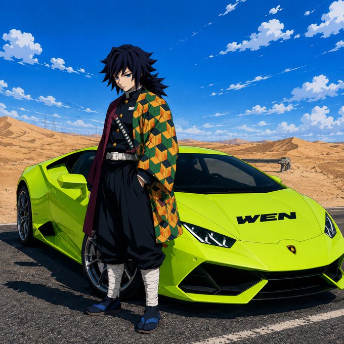 An anime-style illustration of a character with messy black hair wearing a green, orange, and yellow checkered haori, standing in front of a bright yellow-green Lamborghini with the text 'WEN' on the side.