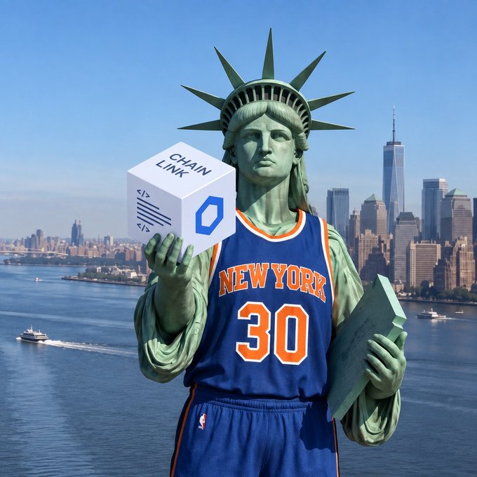 The Statue of Liberty is depicted wearing a blue and orange 'NEW YORK 30' basketball jersey, holding a cube labeled 'CHAIN LINK' in one hand and her tablet in the other, with the New York City skyline behind her.