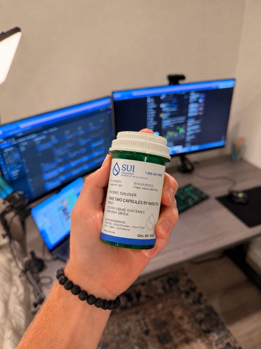 A hand holding a green pill bottle labeled 'SUI PATENTED SULFUR' dietary supplement in front of a desk with dual monitors displaying code.