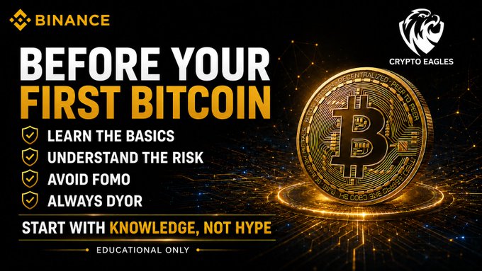 A Binance promotional graphic titled "What to Know Before Your First Bitcoin," featuring a stylized Bitcoin logo with the tagline "Start with knowledge, not FOMO" and references to Binance Earn, Bitcoin Halving, and BNB. The image visually reinforces the post's message about approaching a first Bitcoin purchase with education and caution rather than emotion, aligning with the accompanying caption's emphasis on volatility and doing research before buying.