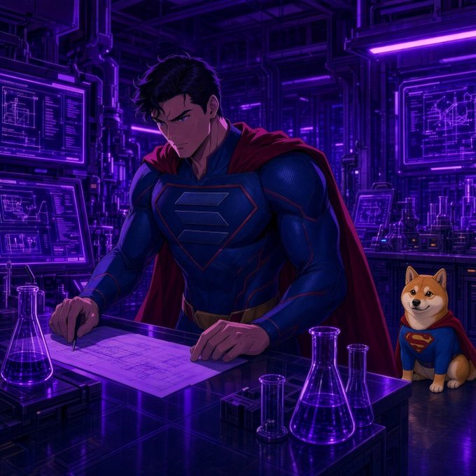 A Superman character and a Shiba Inu dog, both wearing Superman logos, work intently in a purple-lit laboratory filled with monitors and beakers, visually echoing the post's "$SI" ticker as a "bullish hero" rallying the crypto community.