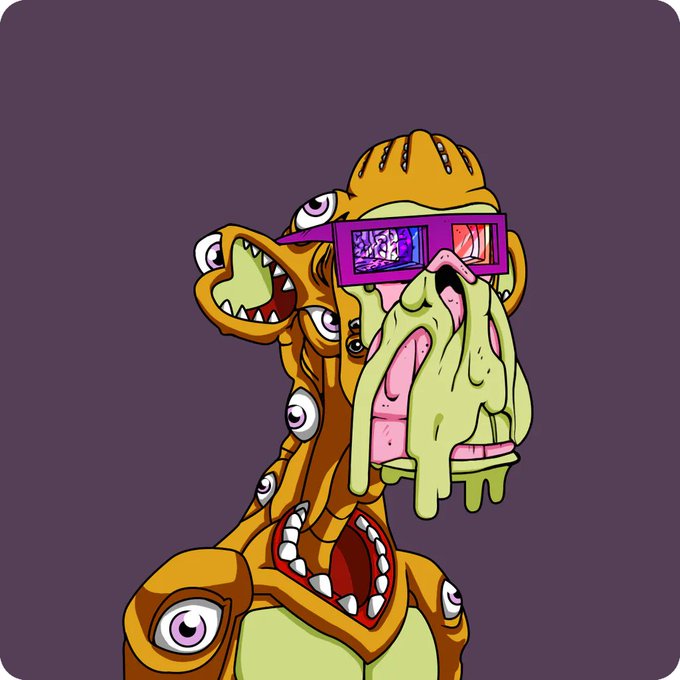 The image features a cartoon monkey with an orange body, wearing glasses and goggles that give him a cool and futuristic appearance. The monkey has a face painted on his forehead, adding to his unique look. He appears to be sitting or standing against a purple background, which contrasts nicely with his vibrant orange color. The caption reads "Transaction's done. Bored apes are psa 10 jpegs". This means that the image is a digital illustration of a cartoon monkey and has been completed by someone named Transaction.