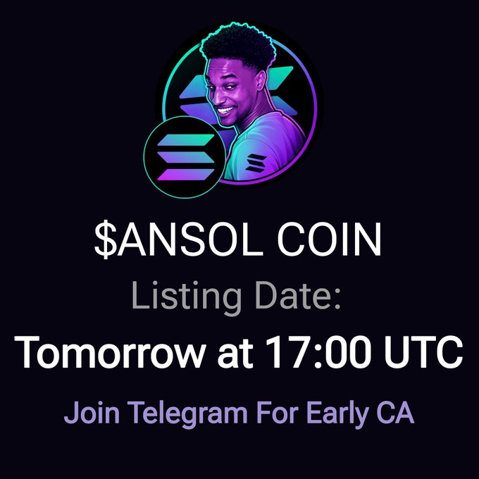 The image is a promotional graphic for **$ANSOL COIN** featuring a stylized illustration of a man with purple and teal tones alongside a Solana logo, announcing that the listing will take place **"Tomorrow at 17:00 UTC"** and directing viewers to **"Join Telegram For Early CA."** It visually reinforces the post's airdrop offer by promoting the coin's upcoming launch and providing the Telegram link (**t.me/ansolcoin**) where users can submit their $SOL address to claim the 1M $ANSOL airdrop.