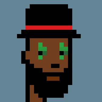 Pixel art of a brown-skinned character with green eyes wearing a black top hat with a red band, set against a bright blue background.