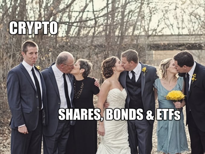 A wedding photo shows three couples kissing, with one man standing alone and visibly displeased—labeled "CRYPTO"—while the happy couples represent "SHARES, BONDS & ETFs," illustrating how Ireland's new tax-free investment accounts favor traditional assets while sidelining crypto holders, who make up 10% of Irish adults and are left watching others benefit.