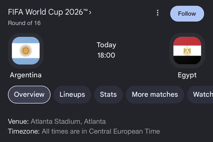 A FIFA World Cup 2026 Round of 16 matchup between Argentina and Egypt, scheduled for today at 18:00 CET at Atlanta Stadium. The image serves as the visual for a contest post asking followers to guess the correct score for $1,000 prizes.