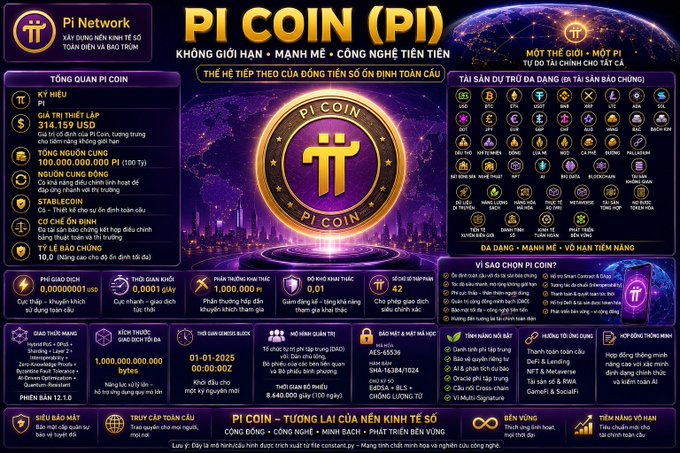 An informational infographic in Vietnamese about "Pi Network" and "PI COIN (PI)," highlighting features like a 314,159 USD market cap, 100 billion total supply, stablecoin backing, and multi-asset collateral, which visually supports the post's claim that Pi's liquidity will stem from its adjustable dynamic supply and stablecoin stabilization mechanism.