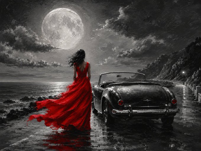 A noir-style painting depicts a woman in a flowing red dress standing on a moonlit shore next to a vintage black convertible, with the sea and cliffs in the background.