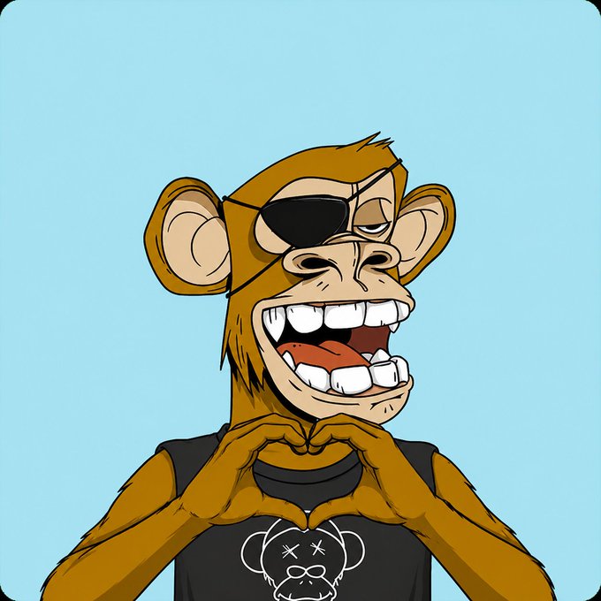 Bored Ape Yacht Club NFT-style cartoon ape with an eye patch making a heart shape with its hands, wearing a black shirt with a bear logo.