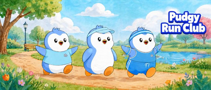 Promotional artwork for 'Pudgy Run Club' featuring three cute penguin characters in athletic outfits walking along a path in a bright, illustrated park setting.