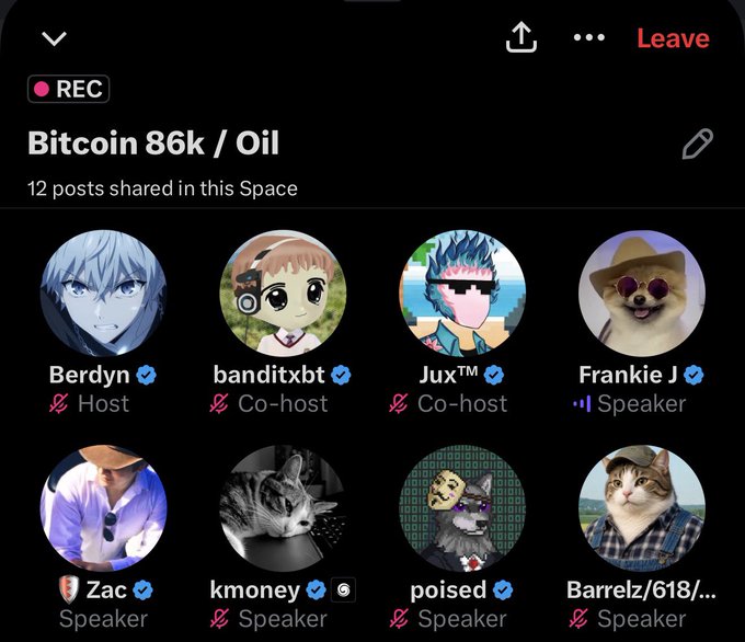 A live audio Space titled "Bitcoin 86k / Oil" is being recorded on X (formerly Twitter), featuring Host Berdyn and Co-hosts banditxbt and Jux, along with several Speakers. The "Bitcoin 86k" title directly relates to the post referencing Bitcoin's price, as the Space appears to be a crypto discussion featuring notable figures like banditxbt.