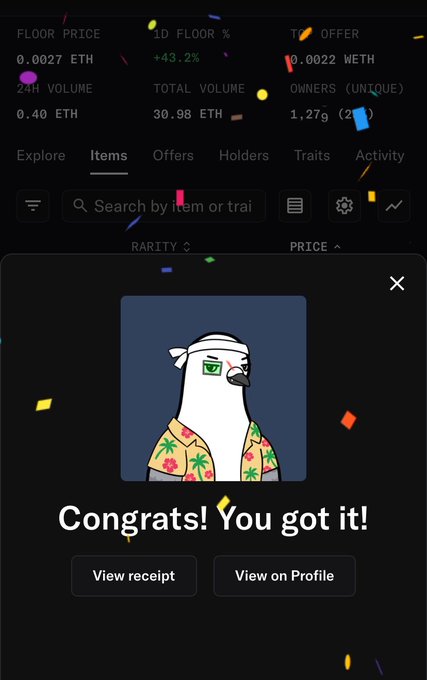 An NFT marketplace screen displays a floor price of 0.0027 ETH with a 43.2% increase, showing a successful purchase confirmation 'Congrats! You got it!' for a pigeon character NFT.