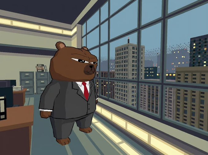 An animated grumpy brown bear wearing a business suit and red tie stands in an office with filing cabinets, while large windows reveal a city skyline at dusk.