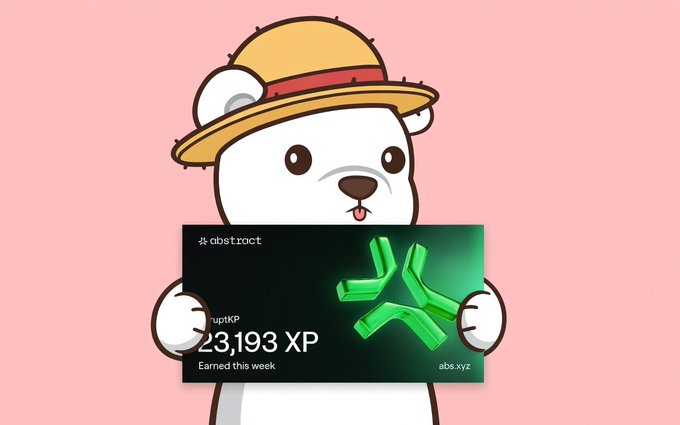 The image features a cartoon bear wearing a straw hat holding up a black card with white text that says "Happy XP day to all the @AbstractChain homies!". The bear appears to be celebrating its XP, which stands for Earned XP points. The post also mentions that the bear has earned 23k XP doing basic stuff and having fun.