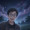 An anime-style character with glasses smiling with wide eyes against a starry night sky background.