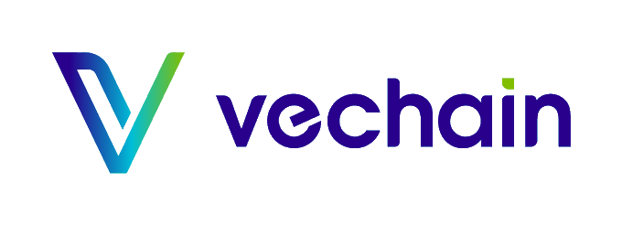 The VeChain logo featuring a stylized 'V' emblem alongside the word 'vechain' in blue and green gradient lettering on a black background.