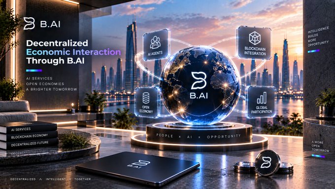 A promotional graphic for B.AI featuring a glowing globe with orbiting icons for AI Agents, Blockchain Integration, Open Economy, and Global Participation, with the text 'Decentralized Economic Interaction Through B.AI'.