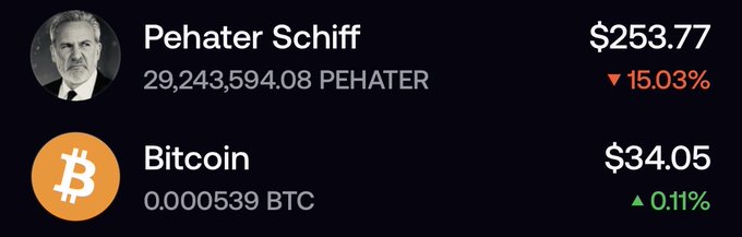 The image shows a crypto portfolio display featuring "Pehater Schiff" (a meme token referencing economist Peter Schiff) holding 29,243,594.08 PEHATER tokens valued at $253.77, down 15.03%, alongside a Bitcoin balance of 0.000539 BTC worth $34.05, up 0.11%. The post jokes about accumulating a full BTC just by holding the Schiff-themed meme coin, which the portfolio humorously reflects by showing a tiny fraction of Bitcoin holdings.
