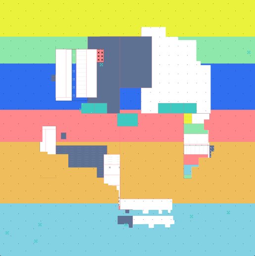A pixel art image displays horizontal colored stripes (yellow, green, blue, pink, orange, light blue) with abstract white and teal geometric structures resembling buildings or figures.
