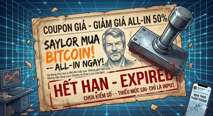 A retro-style poster of Michael Saylor urging viewers to 'SAYLOR MUA BITCOIN! ALL-IN NGAY!' with a stamp reading 'HẾT HẠN - EXPIRED'.