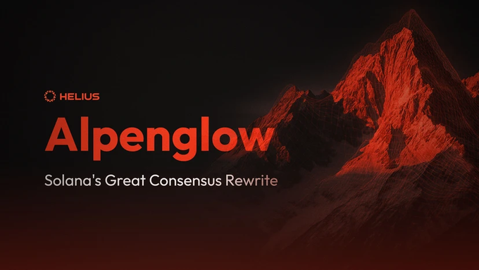 A Helius branding slide announcing "Alpenglow" as "Solana's Great Consensus Rewrite," featuring a dramatic red mountain illustration.