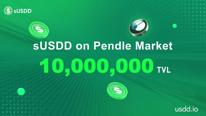 A green promotional graphic reads 'sUSDD on Pendle Market 10,000,000 TVL' with the sUSDD logo and website 'usdd.io' visible.