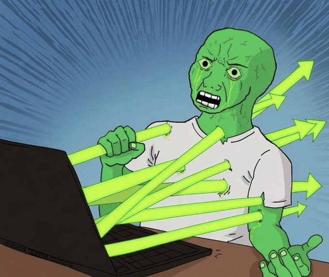 A green-skinned Wojak character with a pained, wide-eyed expression sits at a laptop, with multiple green arrows shooting out from his back and chest—symbolizing the intense, unrelenting price surges of the $WOJAK chart that overwhelm the viewer. The crying, distressed face perfectly captures the meme's "Get used to it" sentiment about the volatile, ever-rising meme coin.