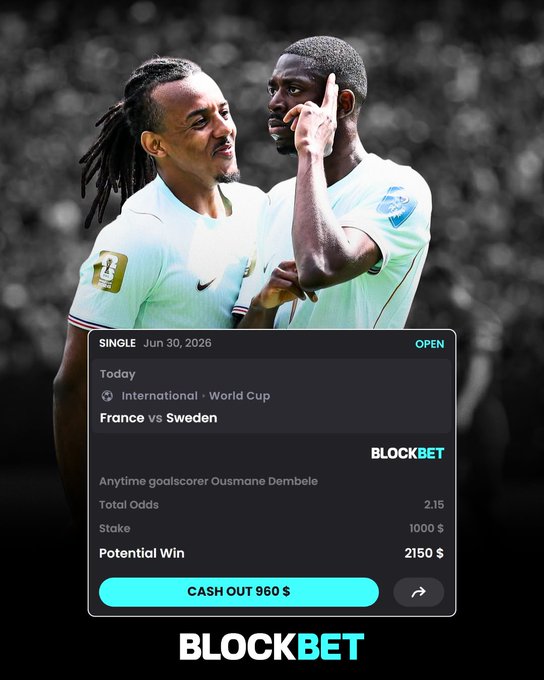 The image is a promotional graphic from BlockBet showing a betting slip for "France vs Sweden" (International - World Cup), featuring an anytime goalscorer bet on Ousmane Dembele at 2.15 odds with a $1000 stake and a potential win of $2150, alongside a cash out option of $960. The graphic overlays two French players, connecting to a giveaway promotion where participants who engage with the post get a chance to win $50 if Dembele scores.