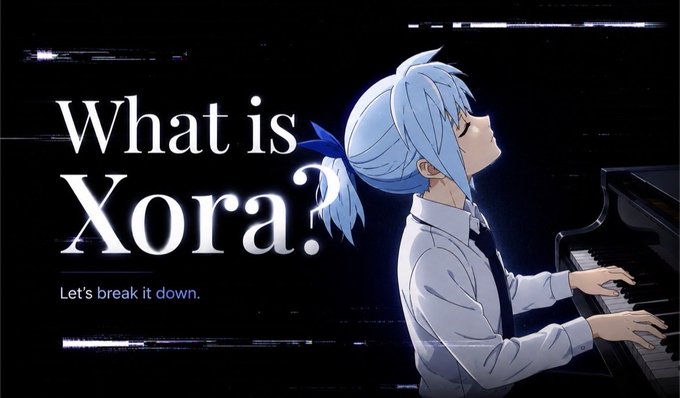 An anime-style image with light blue hair playing a piano, featuring the text "What is Xora?" and "Let's break it down." The visual serves as an introductory graphic to explain Xora, a neobank built for XRP holders offering 22% APY rewards through deposits.
