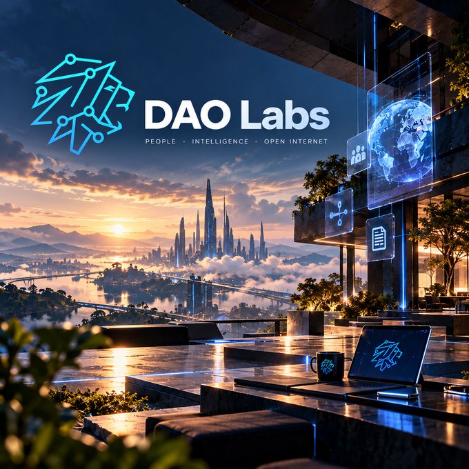 The image displays "DAO Labs" branding with a futuristic cityscape backdrop, alongside a workspace scene featuring a laptop and coffee mug. This visual represents "@TheDAOLabs," the data organization mentioned in the post that analyzed the engagement gap between tweets and X Articles in Q3.