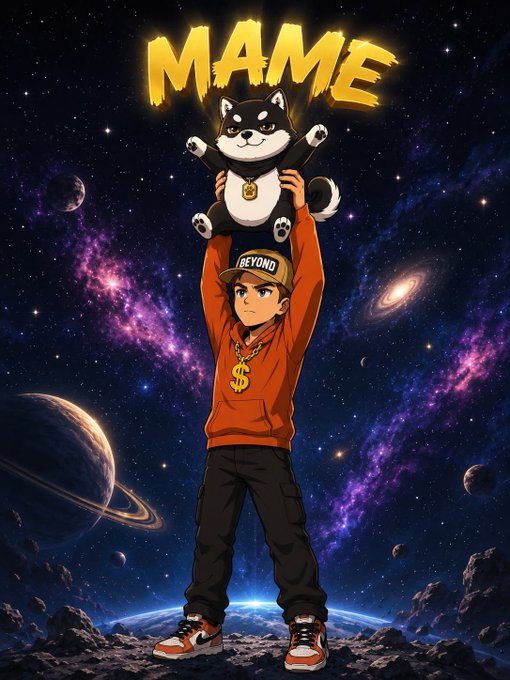 The image features a cartoon boy holding up a stuffed animal, possibly a dog or a cat, against a backdrop of stars and planets. The caption below the image reads "$MAME TO THE MOON", which could be interpreted as a reference to the popular song "U Can't Touch This" by MC Hammer.