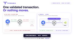 An advertisement for Trensik DEX showcases a clean, minimal interface illustrating atomic multi-hop swaps on the XRP Ledger, with a button reading "Experience atomic, multi-hop swaps now." The interface emphasizes the protocol's all-or-nothing settlement guarantee, directly reinforcing the post's claim that transactions either complete the entire route or nothing moves.