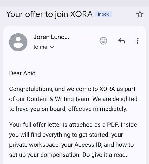 Gmail screenshot of an offer email from Joren Lund... to Abid, welcoming him to XORA's Content & Writing team with a PDF offer letter attached.