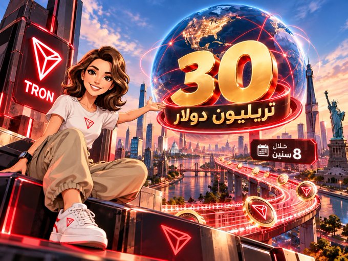 A smiling animated woman in TRON-branded attire sits on a futuristic platform overlooking a global cityscape, with a glowing globe displaying "$30 ترليون دولار" (30 trillion dollars) and a calendar showing "8 سنوات" (8 years), visually representing TRON's massive transaction volume processed over eight years.