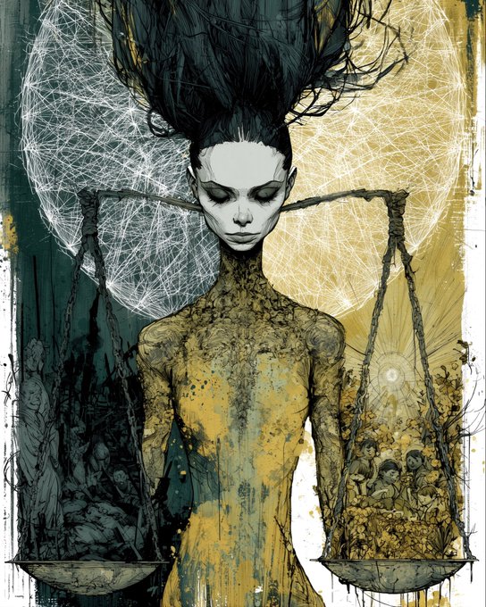 A dark, surreal digital illustration featuring a pale woman holding scales, with intricate web-like spheres and shadowy figures in the background.