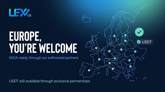 The image is a promotional graphic from UEX US featuring a map of Europe with interconnected network nodes, headlined "EUROPE, YOU'RE WELCOME" and promoting MiCA-ready USDT access through authorized partners.

This visual reinforces the post's message about MiCA regulations and crypto demand in Europe by showcasing UEX US's solution—highlighting their authorized partnership network that allows European users to continue accessing USDT despite regulatory restrictions on other exchanges.