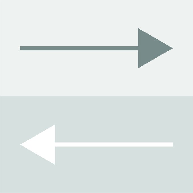 Two horizontal arrows pointing in opposite directions on a split light background, one gray arrow pointing right and one white arrow pointing left.