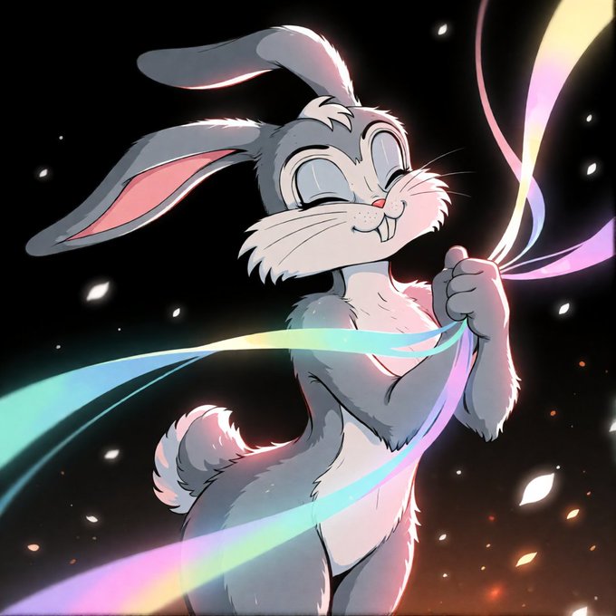 An illustrated cartoon rabbit with its eyes closed, holding rainbow-colored ribbons against a dark, sparkly background.