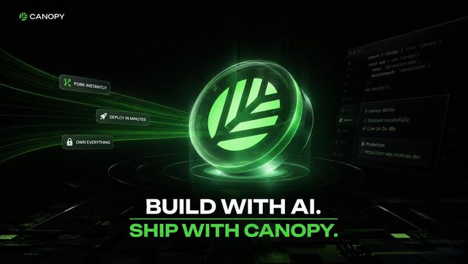 An advertisement for Canopy features a glowing green orb with the tagline 'BUILD WITH AI. SHIP WITH CANOPY.' alongside code snippets and features like 'FORM INSTANTLY' and 'DEPLOY IN MINUTES'.
