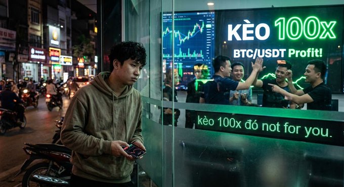 A man in a hoodie stands on a busy street at night holding his phone, while a brightly lit storefront behind him advertises "KÈO 100X BTC/USDT Profit!" with charts and celebrating figures visible inside, and a scrolling ticker reads "kèo 100x đó not for you." The image visually reinforces the post's warning about chasing high-leverage crypto gains: the man looking outward represents retail traders being lured by 100X promises, while the message reminds them that if they don't understand where liquidity originates, they themselves become the exit liquidity feeding the parabolic FOMO-driven pumps.