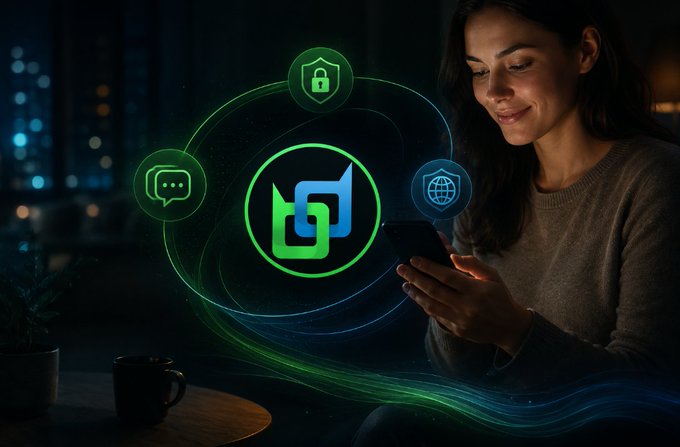 A woman smiles while looking at her smartphone in a dimly lit setting, with a glowing green circular logo and icons (lock, chat bubble, globe) floating beside her.