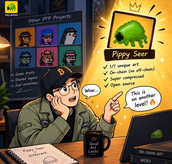An illustrated promotional graphic for a Web3 project called 'Pippy Seer,' featuring a character pointing to a green pixel art monster, with text highlighting its 1/1 unique art and on-chain features.