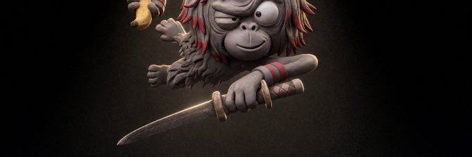 A 3D rendered character resembling a furry gorilla or monkey winks and holds a sword against a dark background.