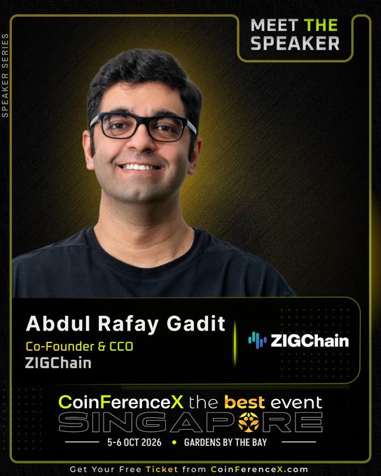 A speaker promotional poster for Abdul Rafay Gadit, Co-Founder & CCO of ZIGChain, at CoinFerenceX Singapore (5-6 Oct 2026).